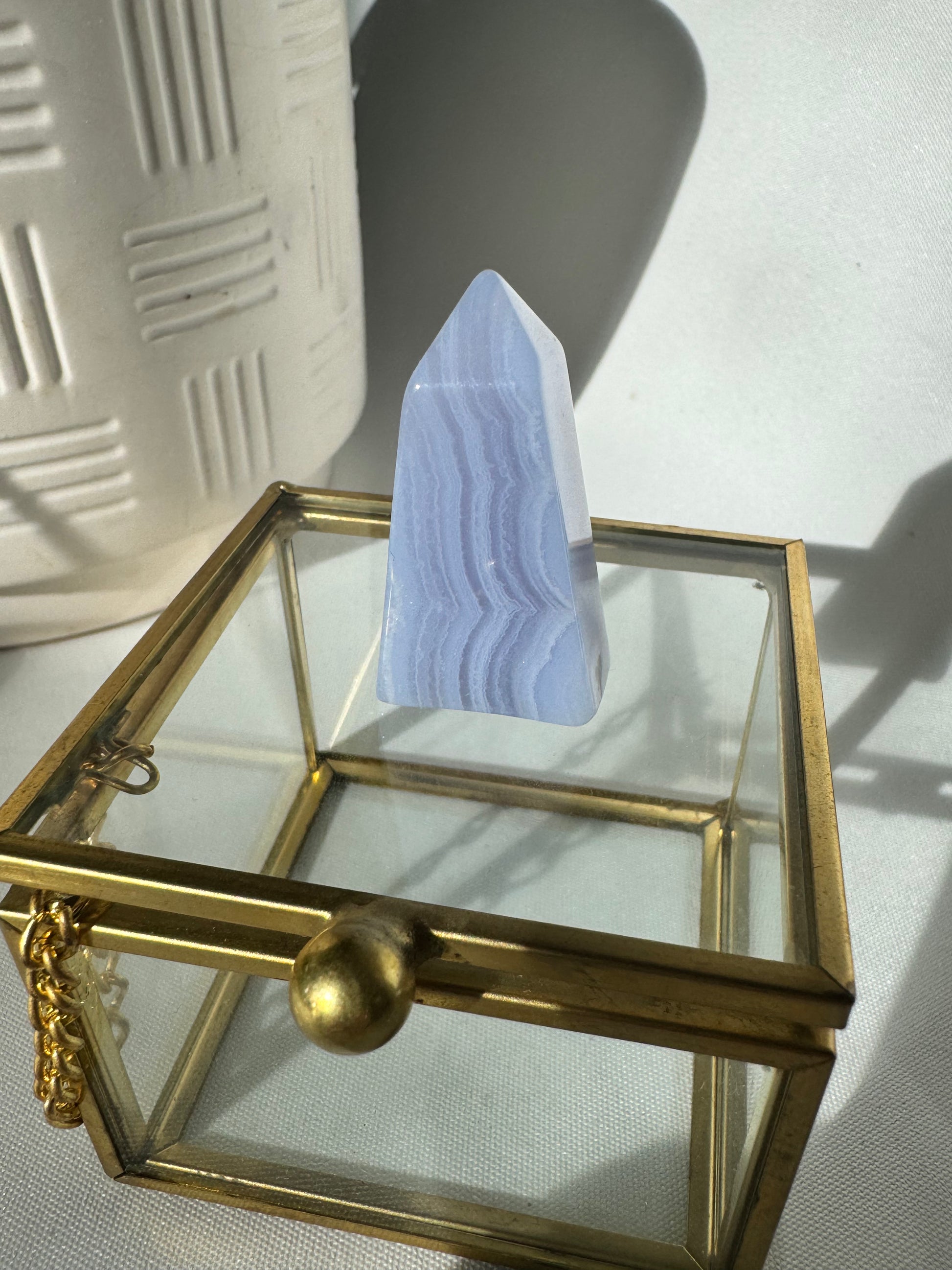 Blue Lace Agate Mini Tower on gold display stand