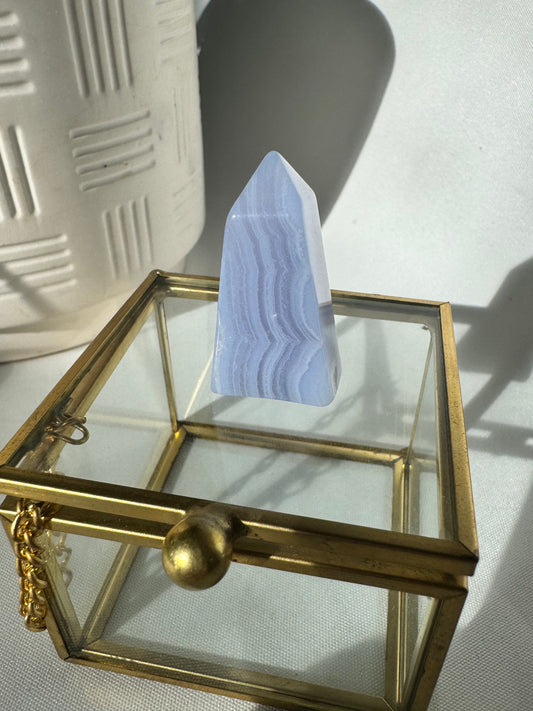 Blue Lace Agate Mini Tower on gold display stand