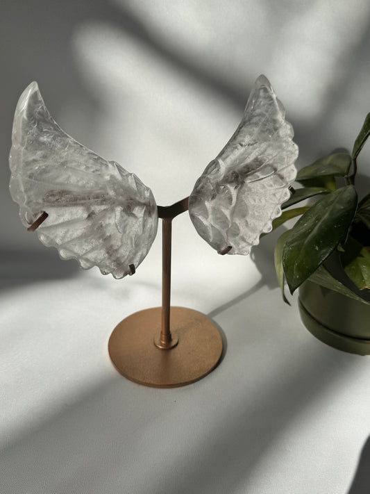 Quartz Angel Wings on Gold Stand: A Celestial Energy Sculpture