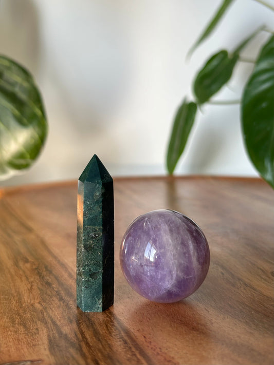 Amethyst Sphere & Mini Moss Agate Tower