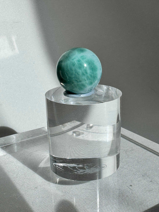 Larimar gemstone mini sphere on clear acrylic stand | Bespoke Crystals NZ