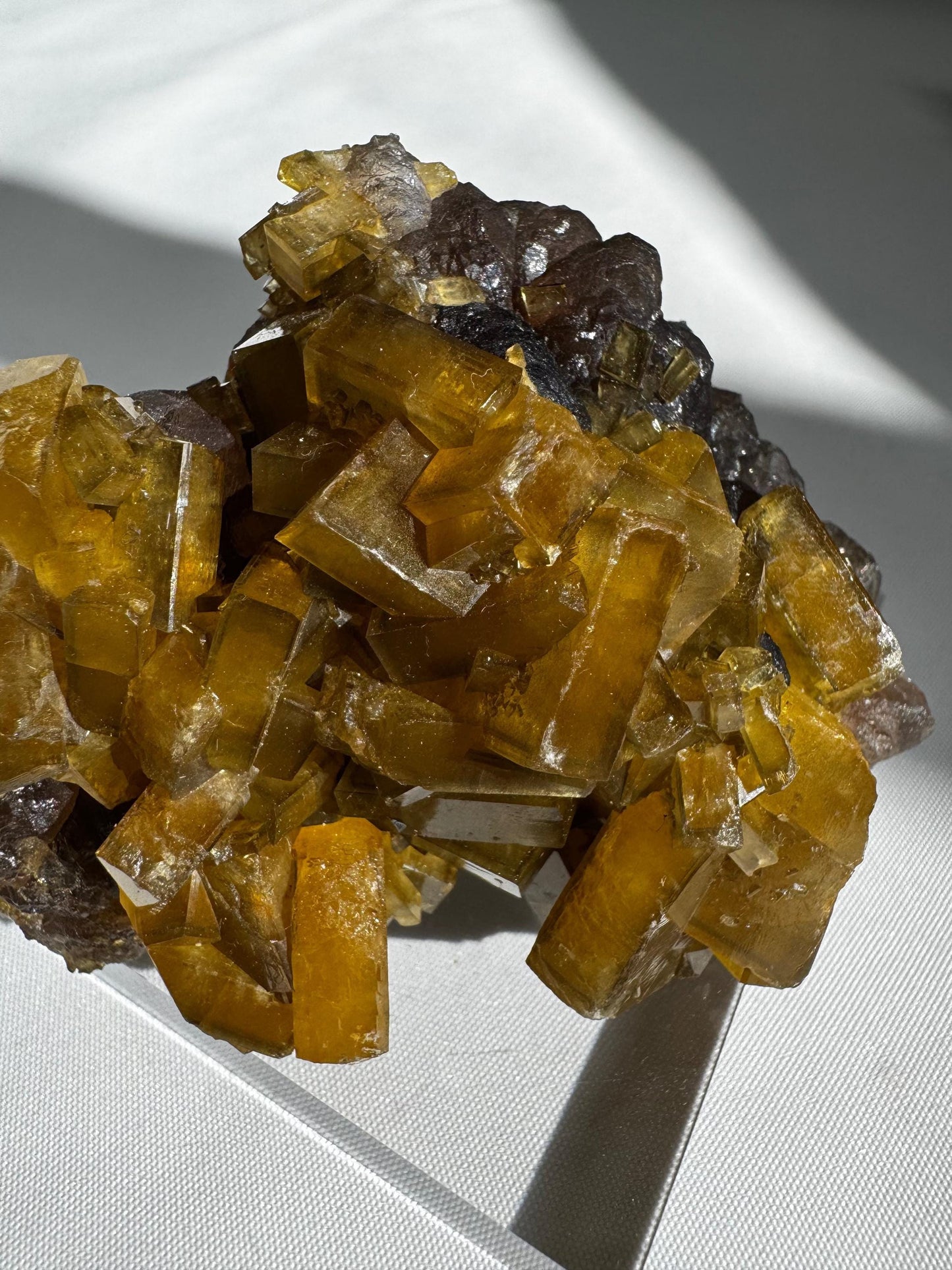 Golden Barite Crystal on Boytroidal Purple Fluorite