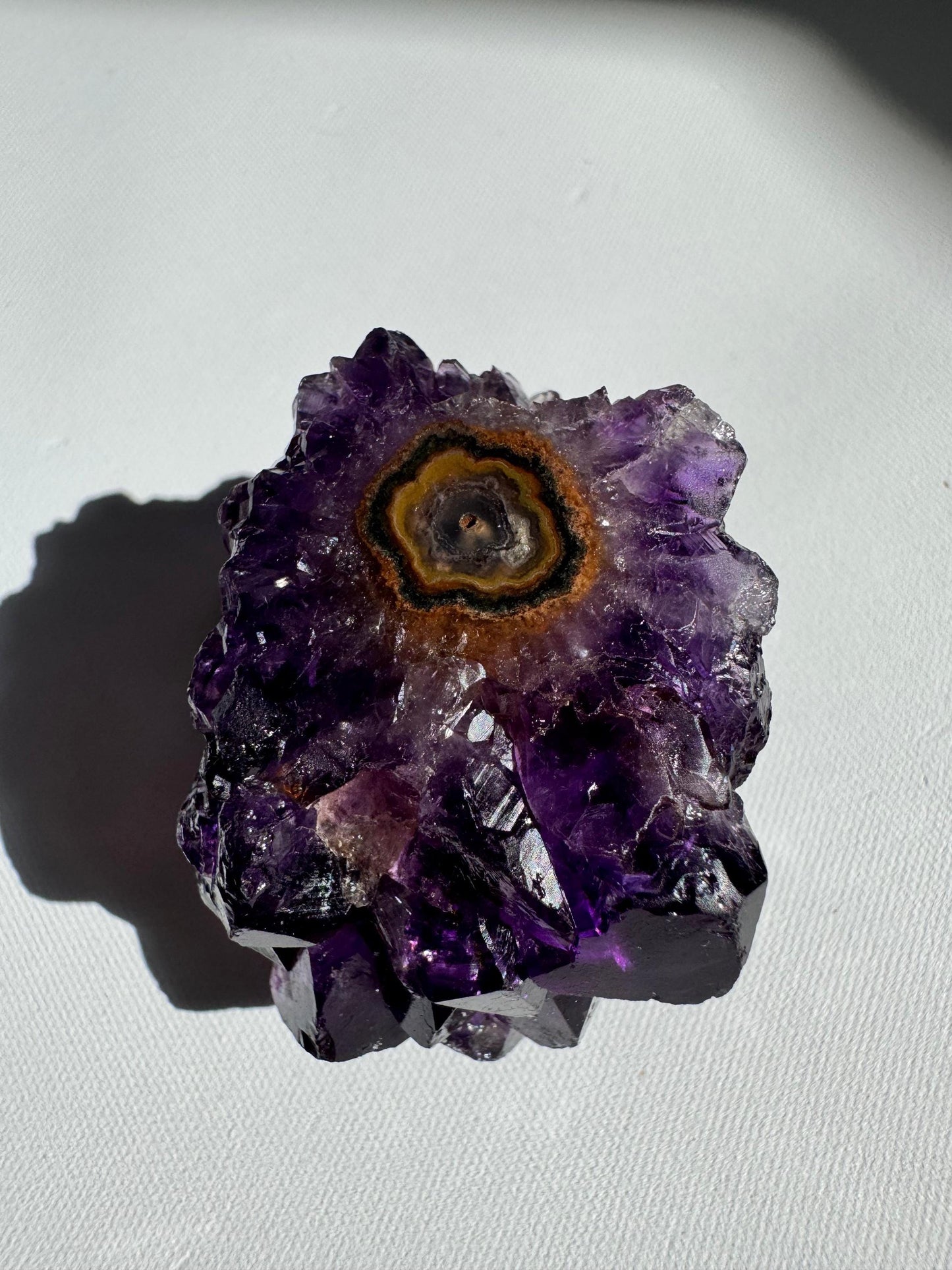 Deep violet Amethyst Crystal Stalactite Grade A with golden center and sharp crystal points, a premium collectible from Brazil.