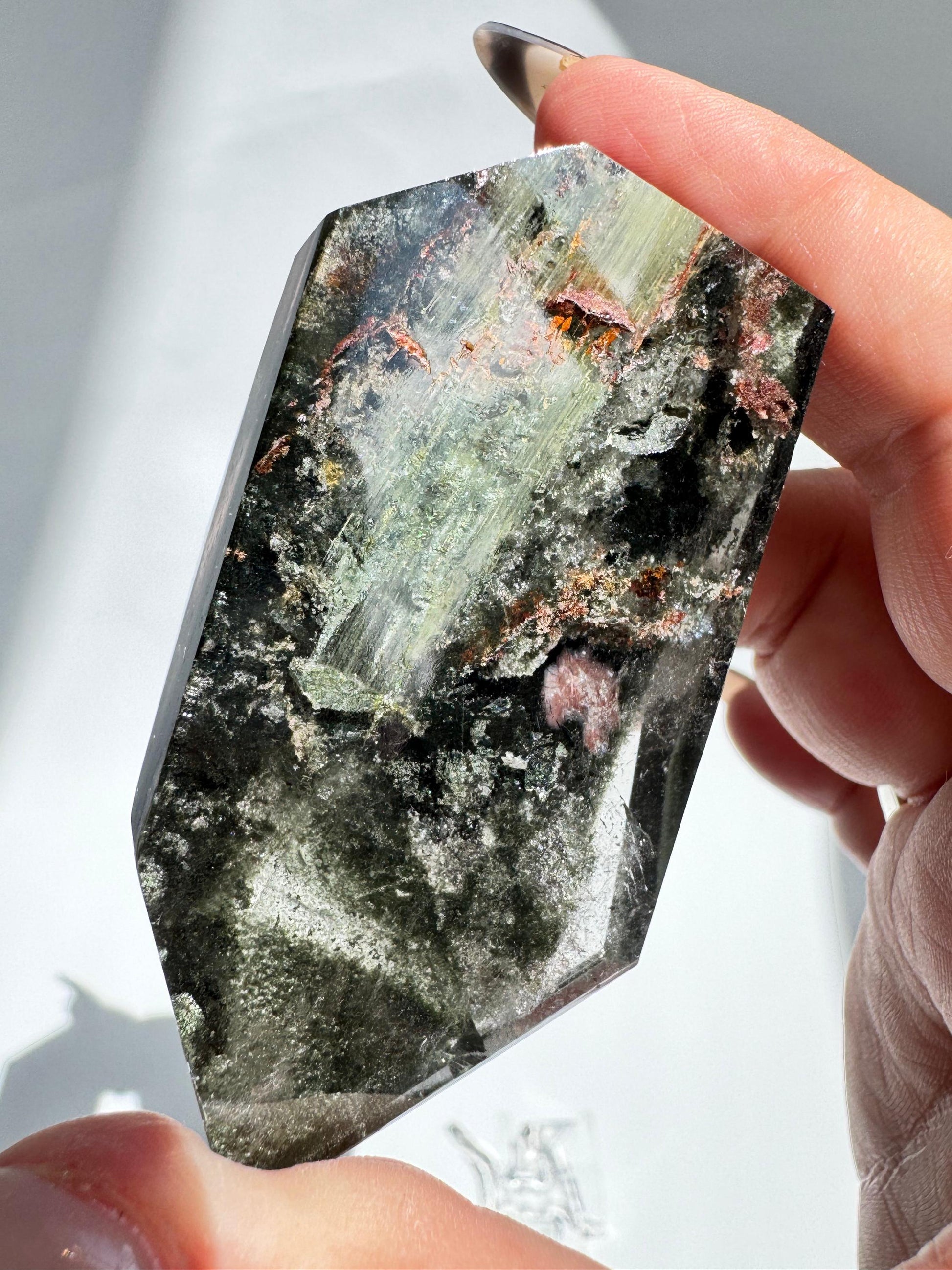 Polished Lodalite Freeform with green and red mineral layers. A collectible Garden Quartz crystal for healing and energy work.