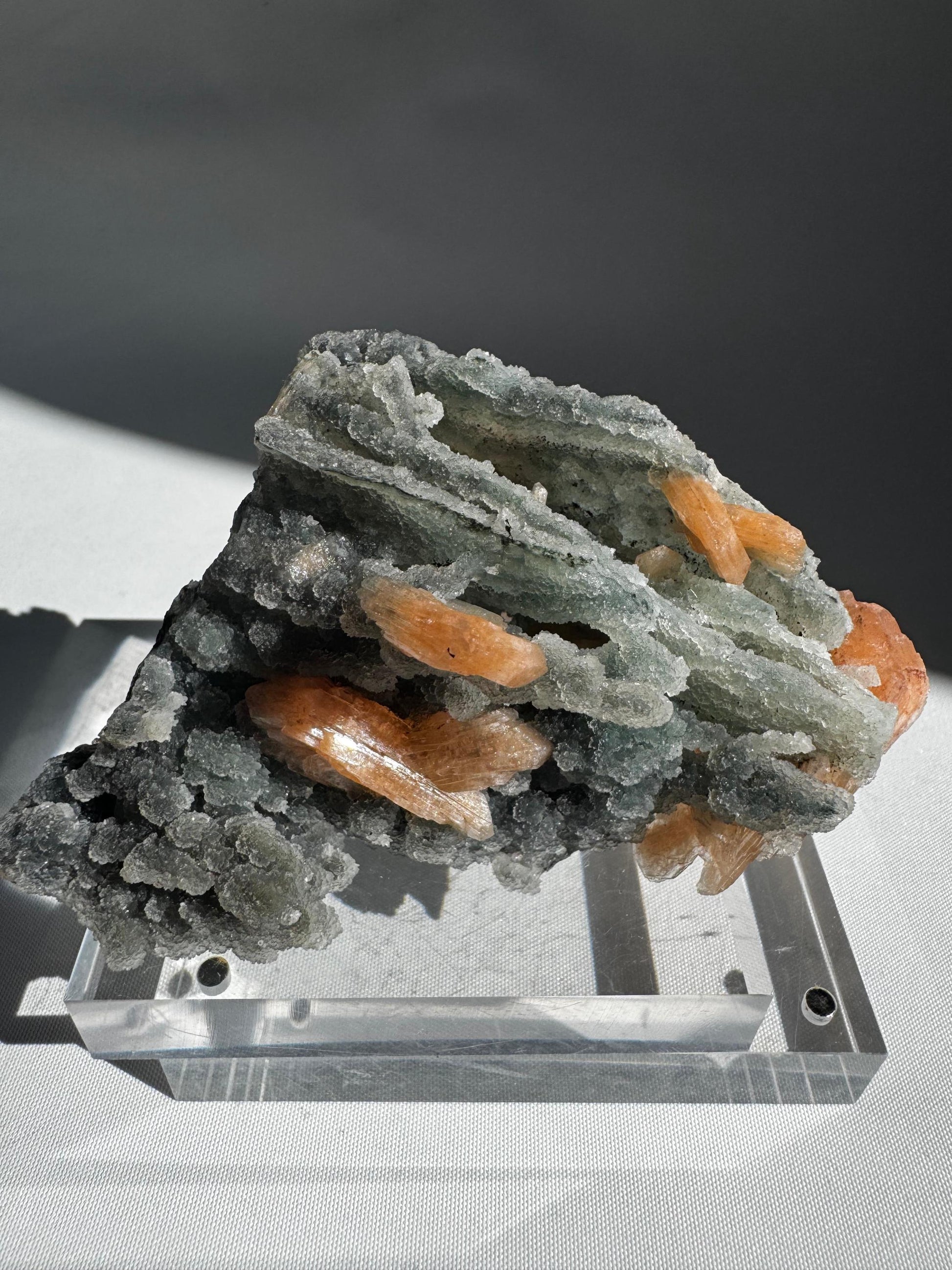 Chalcedony with Orange Stilbite Crystal #8 featuring radiant orange Stilbite on layered white Chalcedony, ideal for collectors of rare mineral specimens.